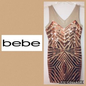 Nwt BEBE Gold Beige Sequin Bodycon Party Dress L